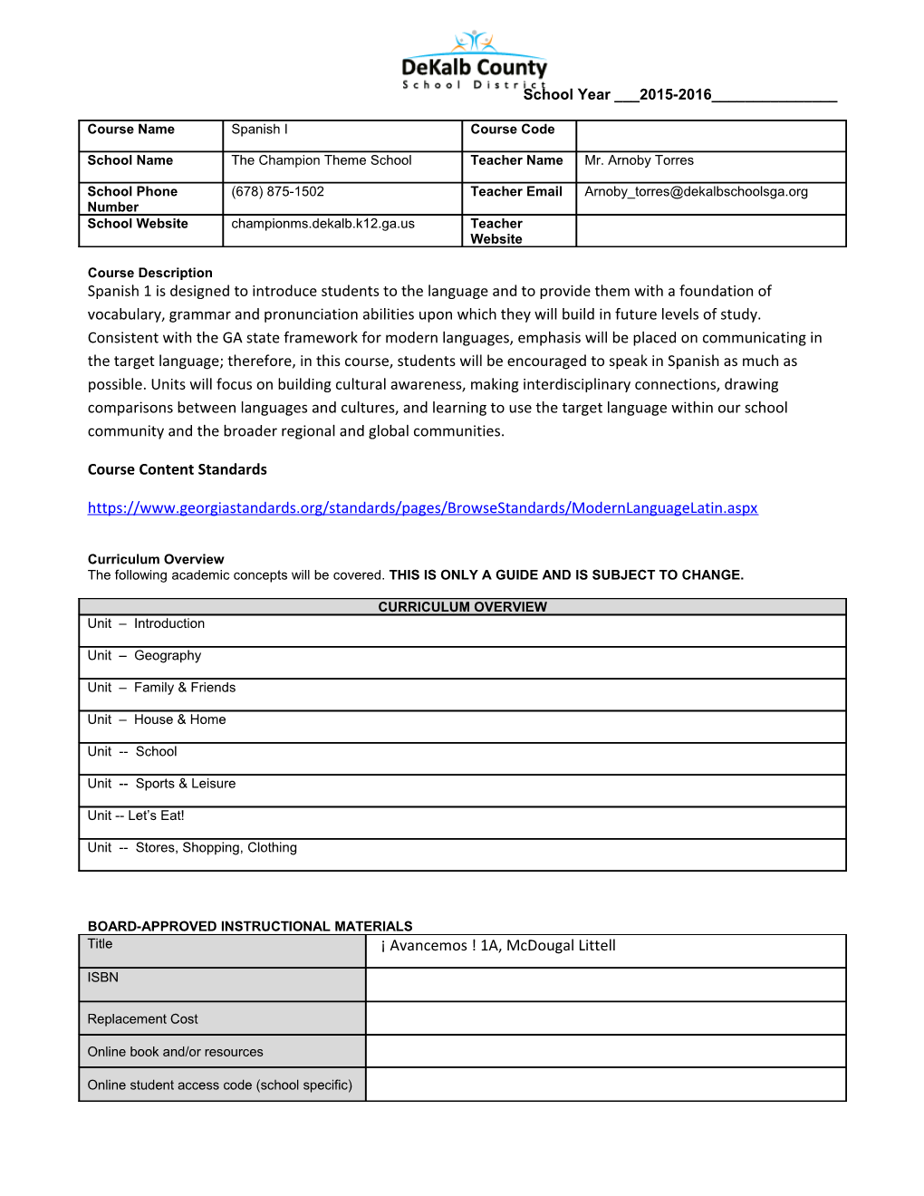 Sixth Grade Mathematics Syllabus