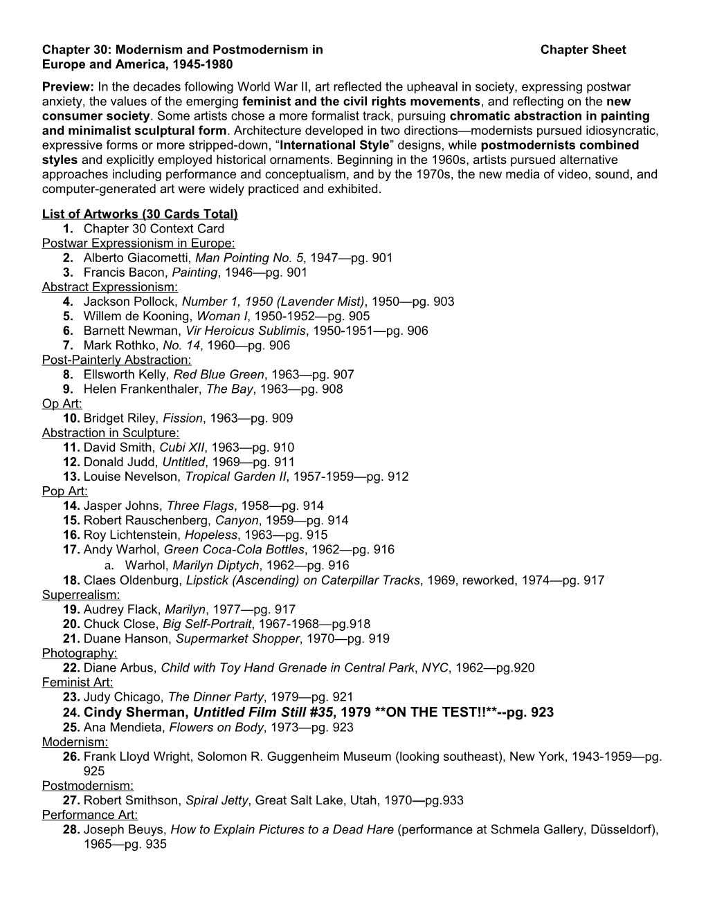 Chapter 30: Modernism and Postmodernism in Chapter Sheet