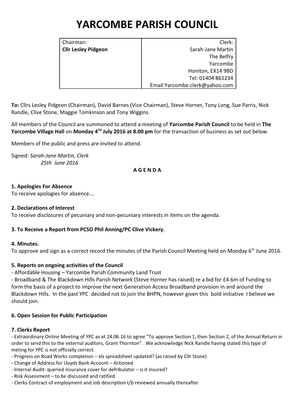 Yarcombe Parish Council