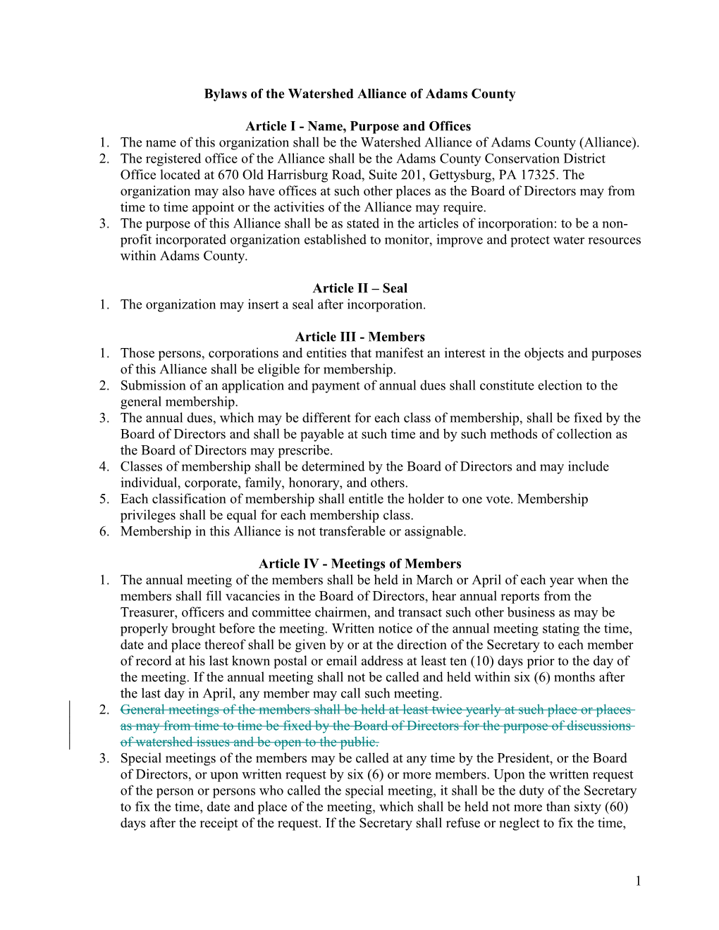 Bylaws of the Watershed Alliance of Adams County