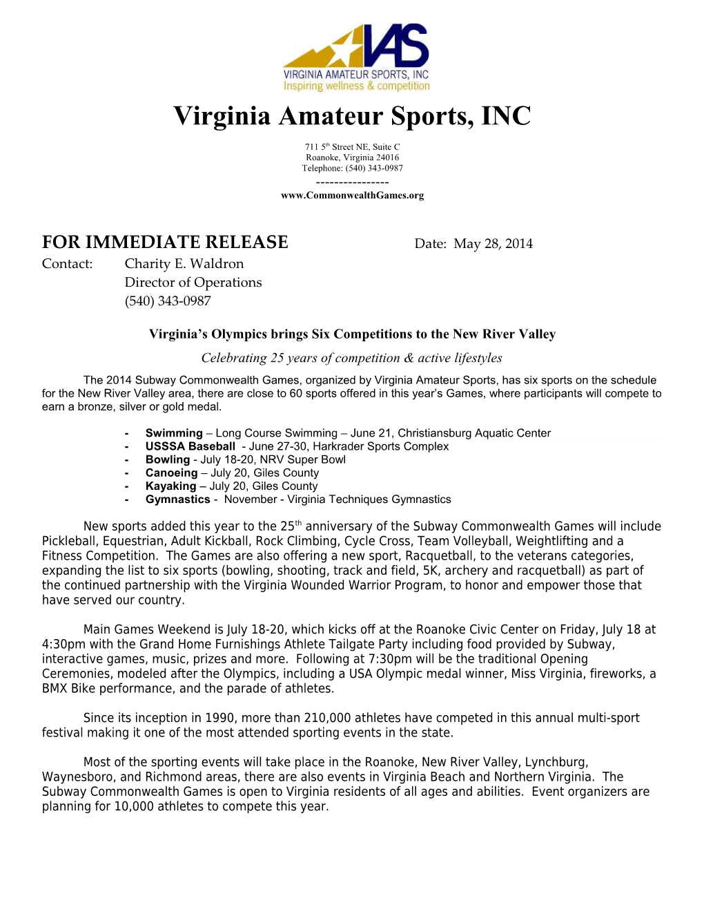 Virginia Amateur Sports, INC