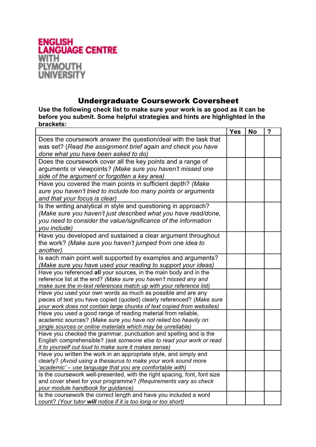 Undergraduate Courseworkcoversheet