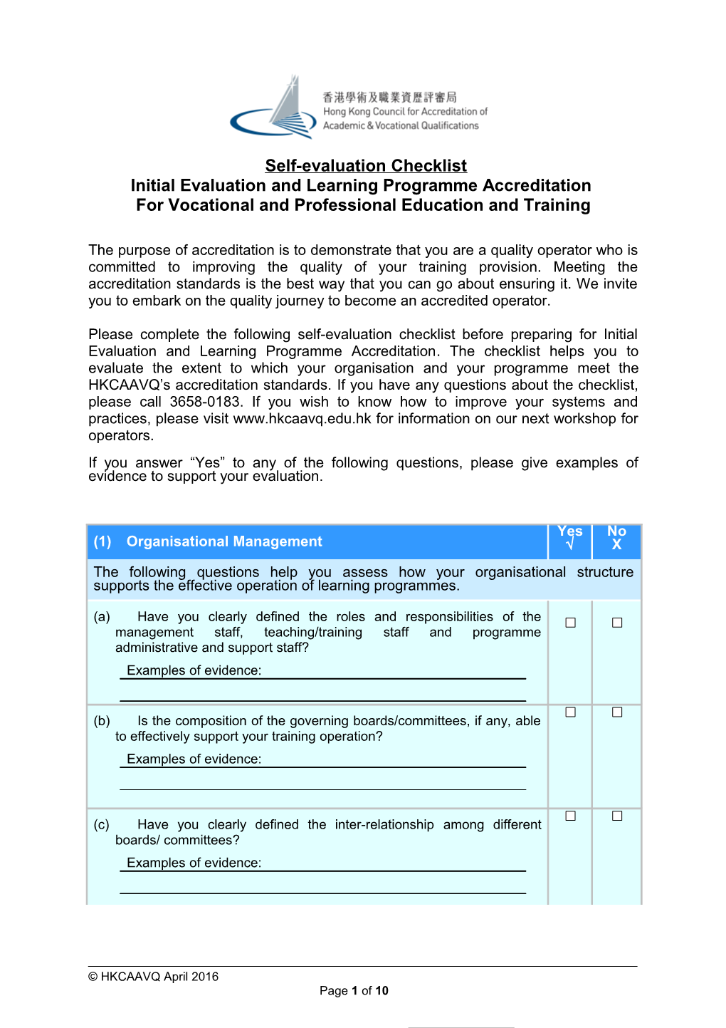 Initial Evaluation and Learning Programme Accreditation