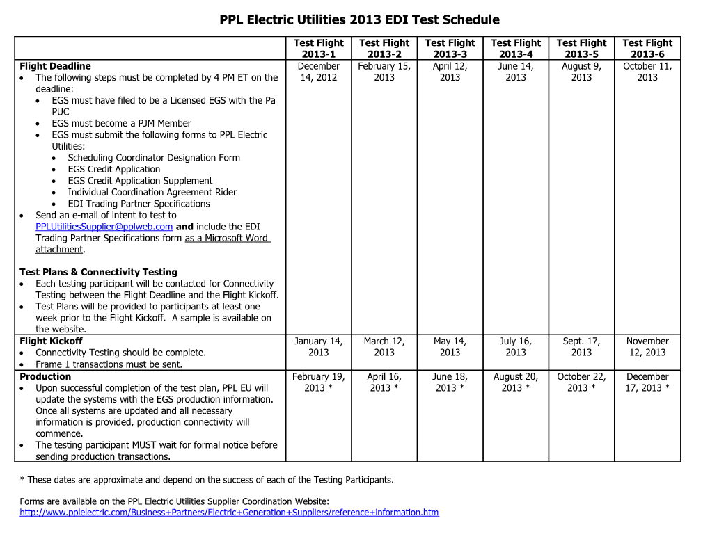 PPL Electric Utilities 2009 Test Schedule