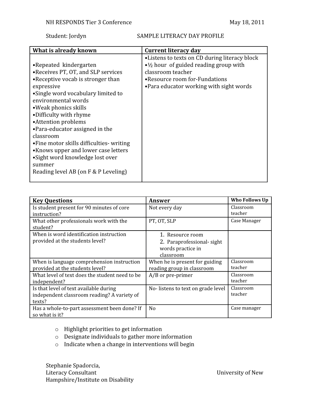 Student: Jordynsample LITERACY DAY PROFILE