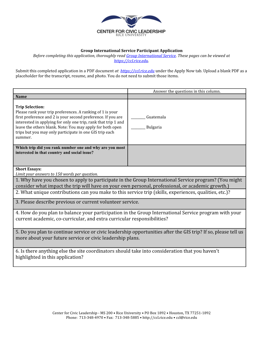 Group International Service Participant Application