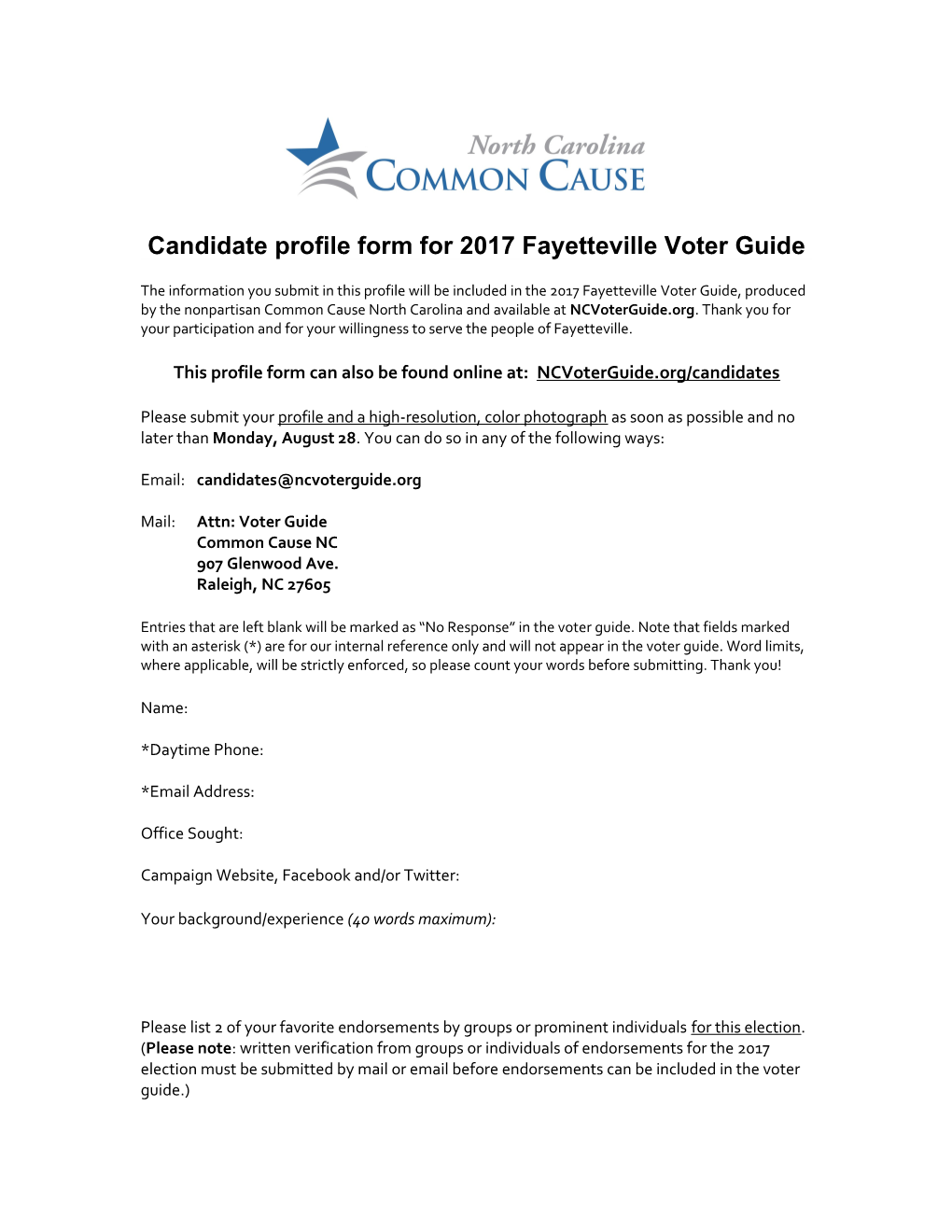 Candidate Profile Form for 2017 Fayetteville Voter Guide