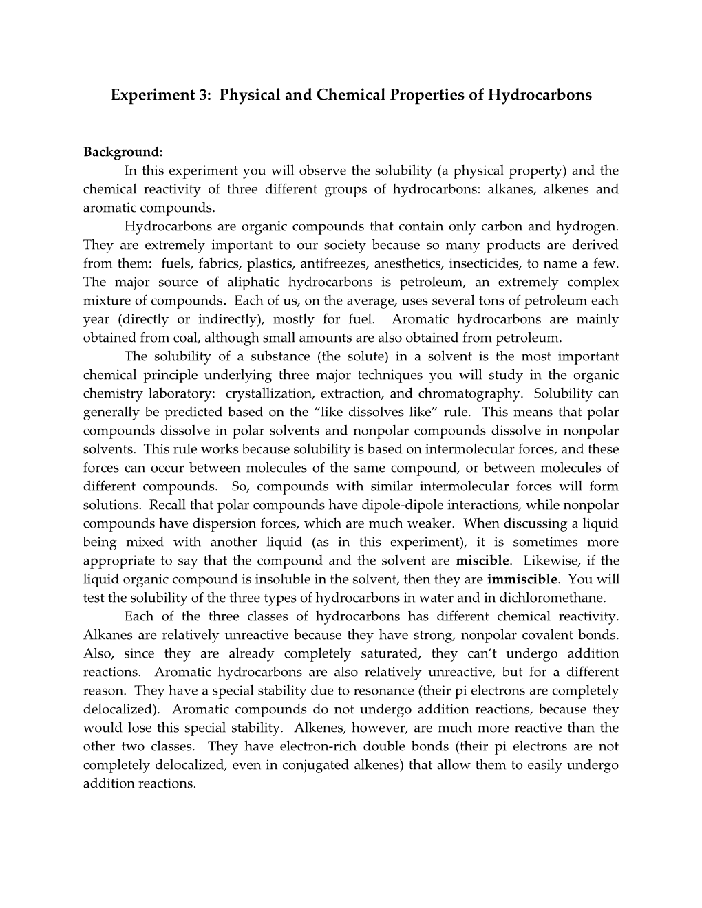 Experiment 1: Physical and Chemical Properties of Alkanes, Alkenes and Arenes