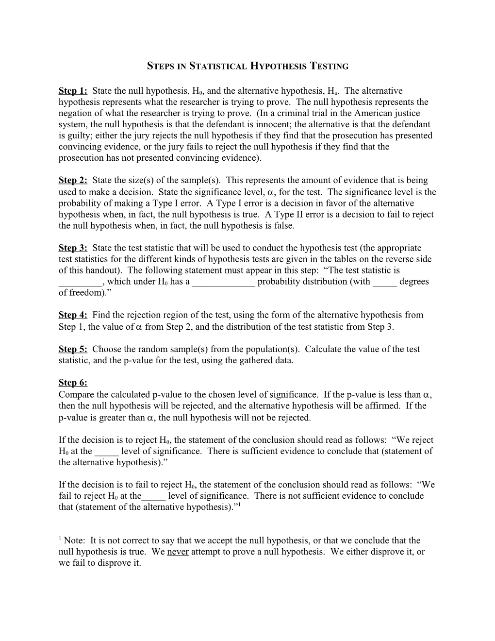 Steps in Statistical Hypothesis Testing