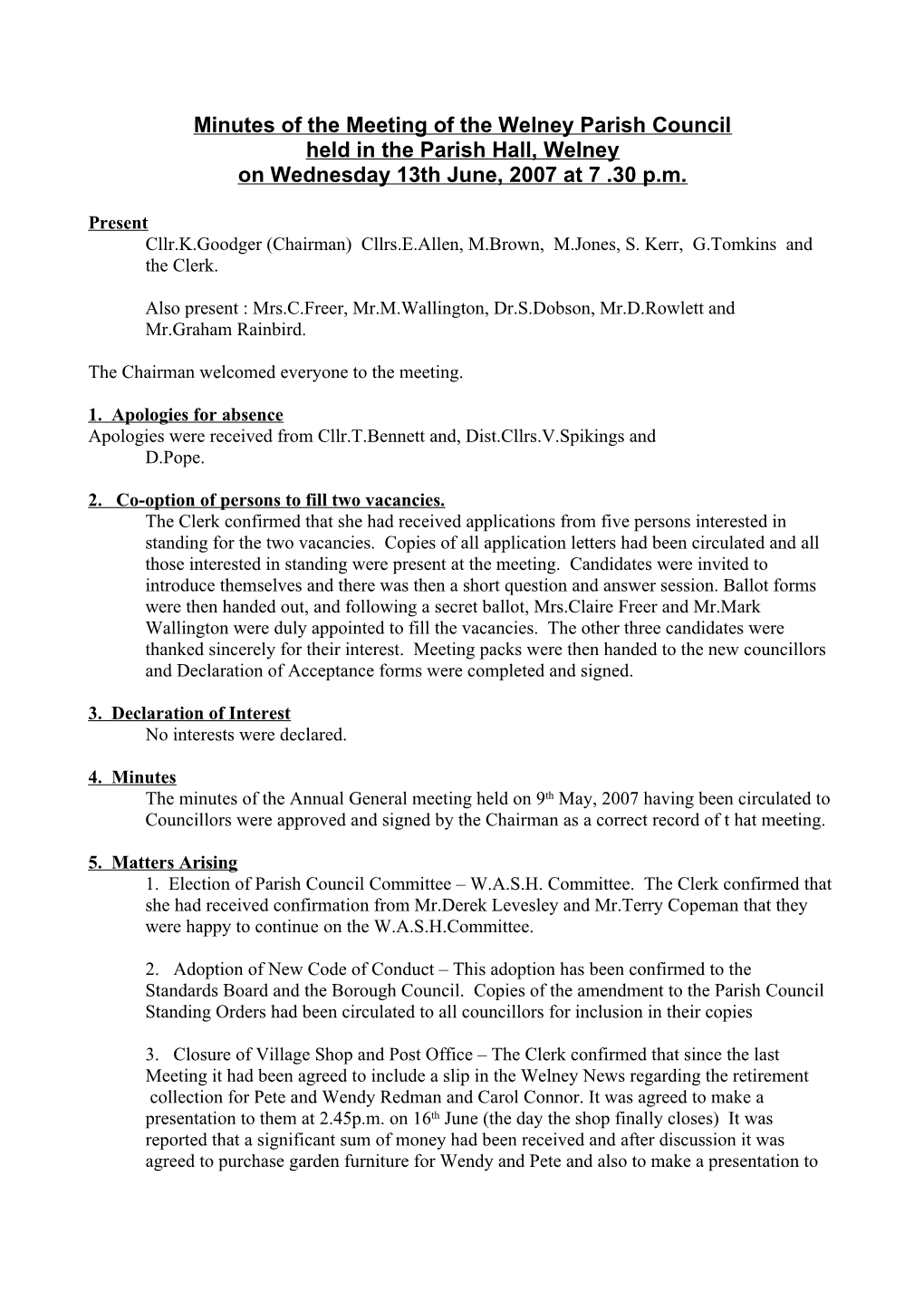 Minutes of the Meeting of the Welney Parish Council