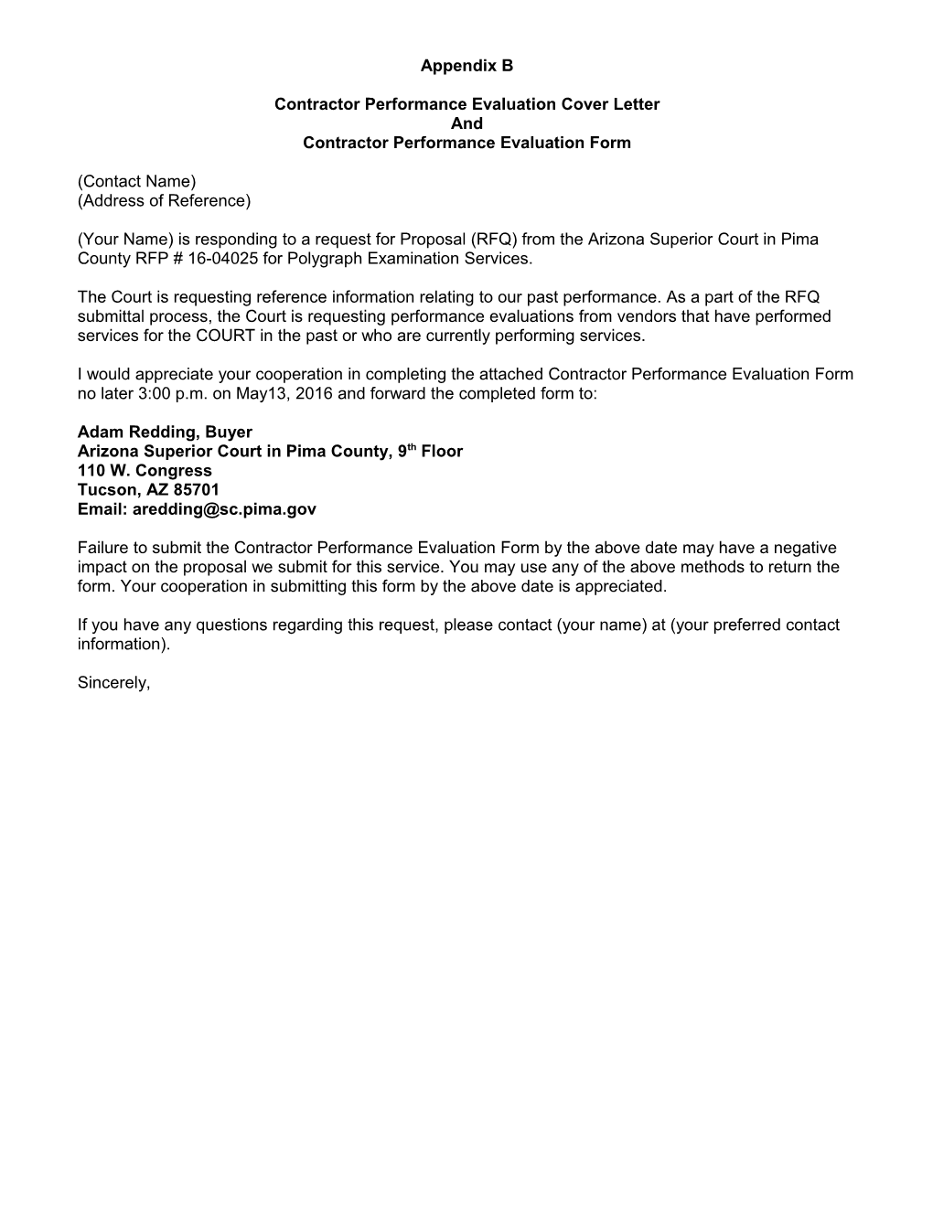 Contractor Performance Evaluation Cover Letter