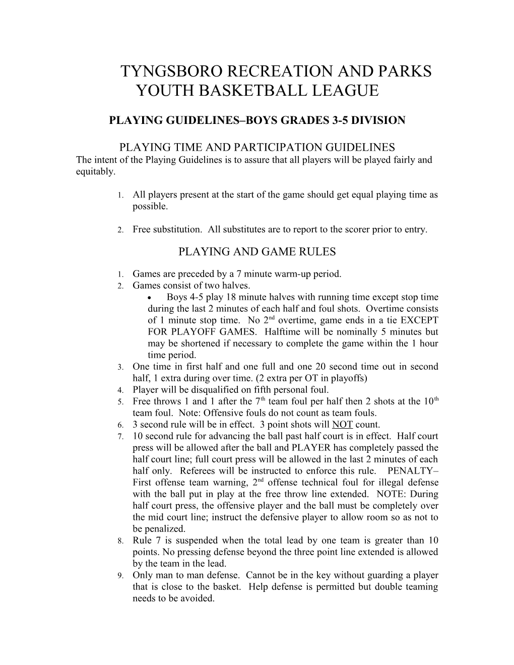 Playing Guidelines Boys Grades 3-5 Division