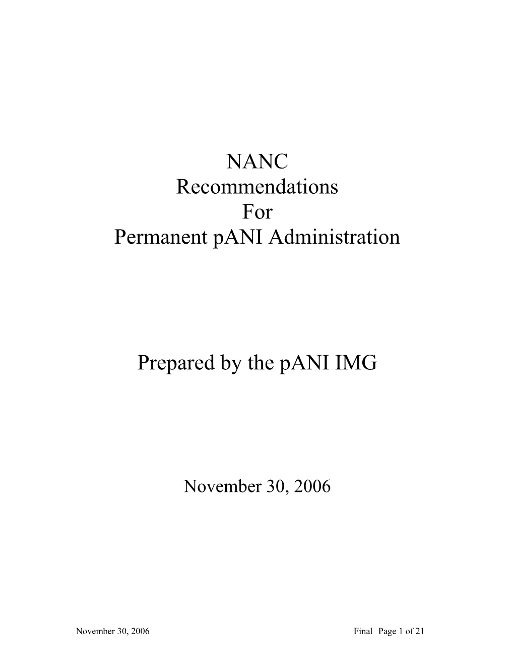 NANC Recommendations for Permanent Pani Administration