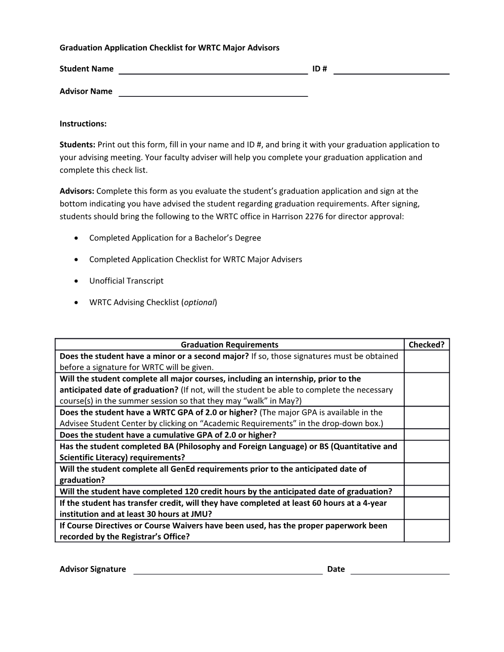 Graduation Application Checklist for WRTC Major Advisors