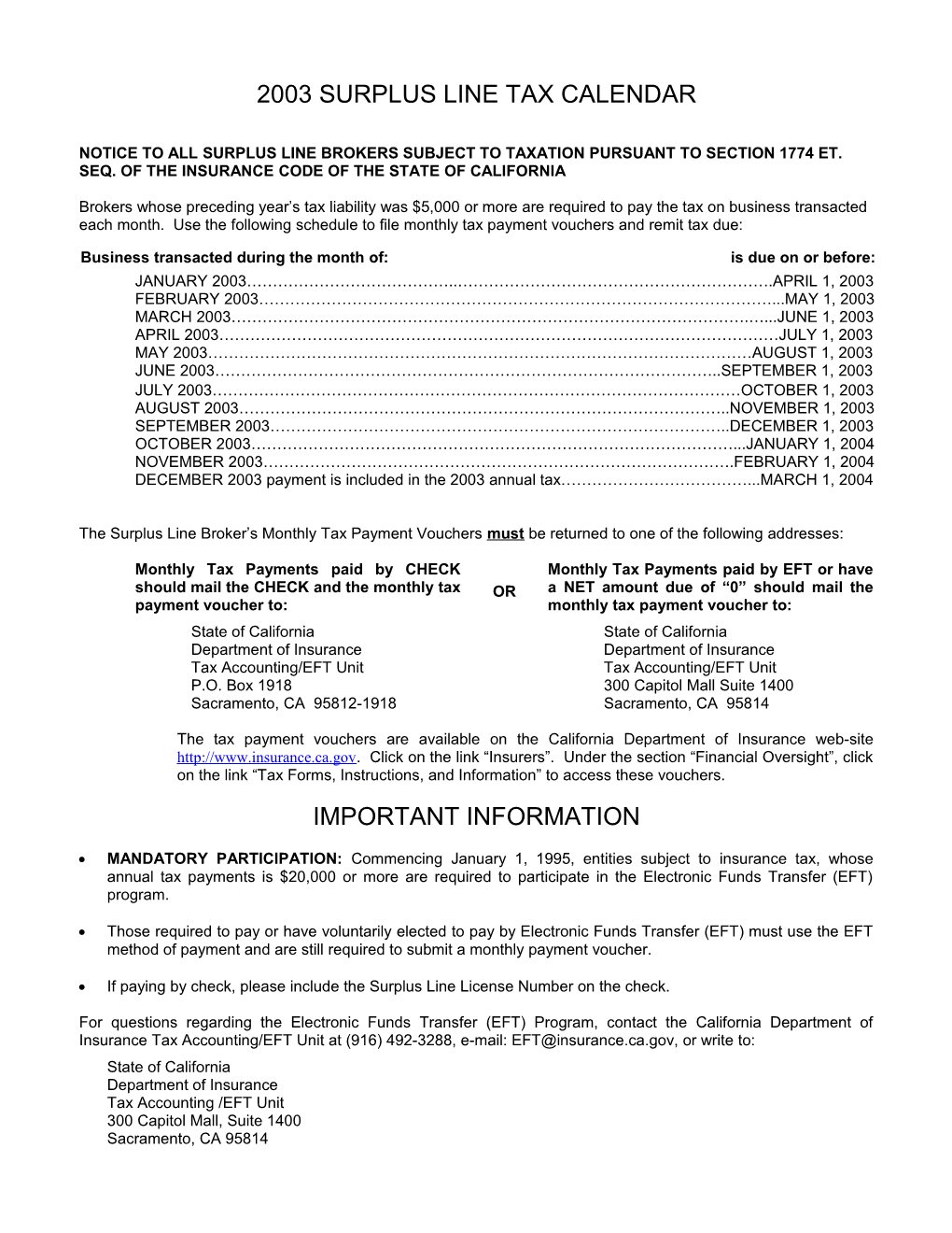 2001 Surplus Line Tax Calendar