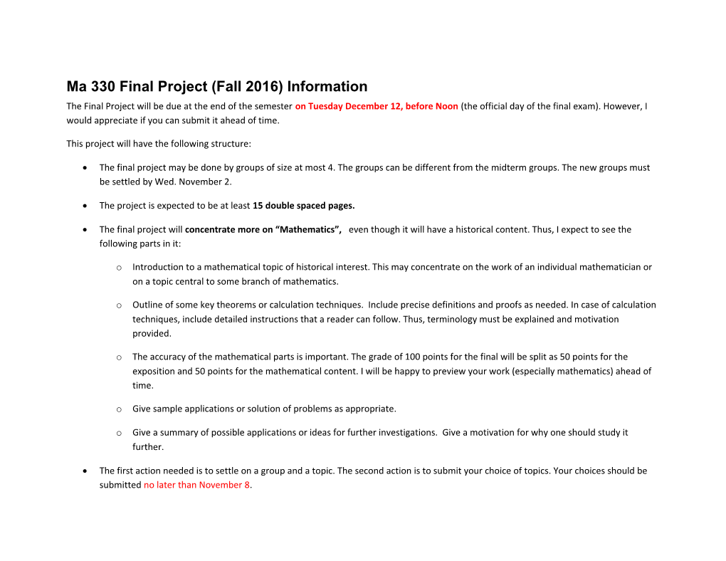 Ma 330 Final Project (Fall 2016) Information