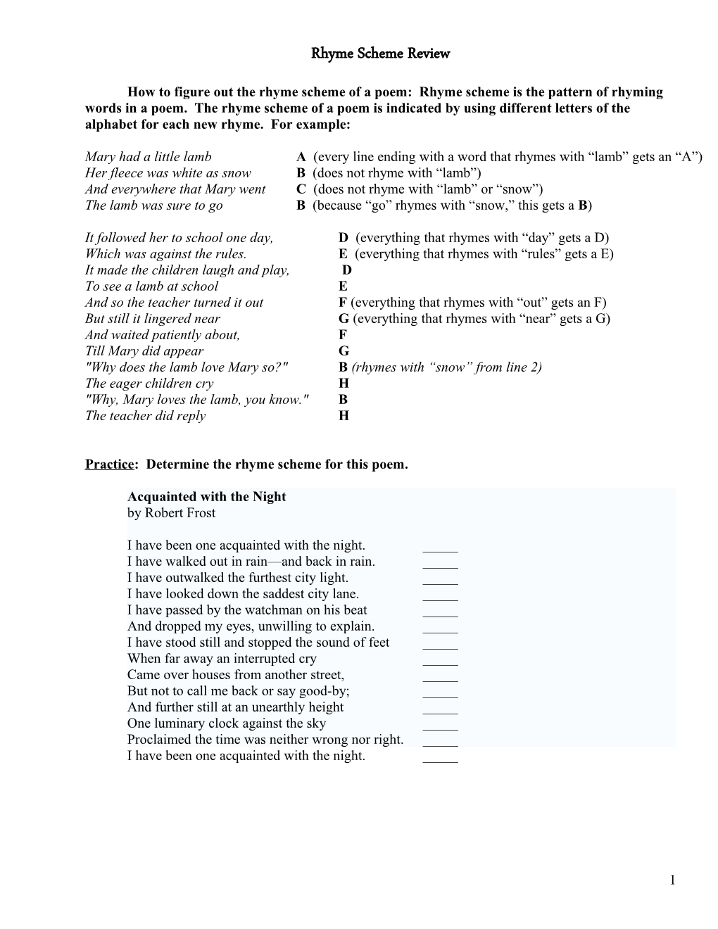 Poetic Terms and Devices Worksheet