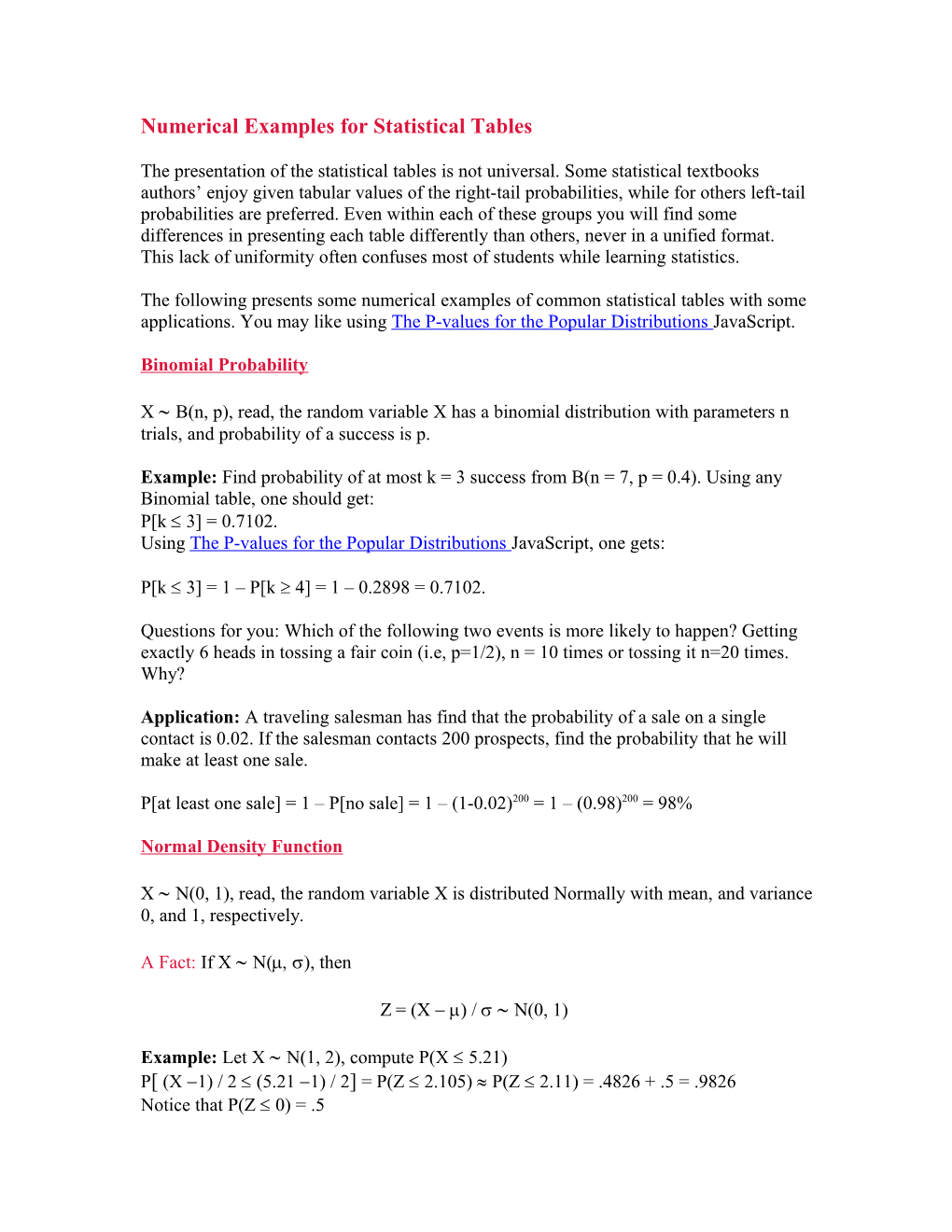 Numerical Examples for Statistical Tables