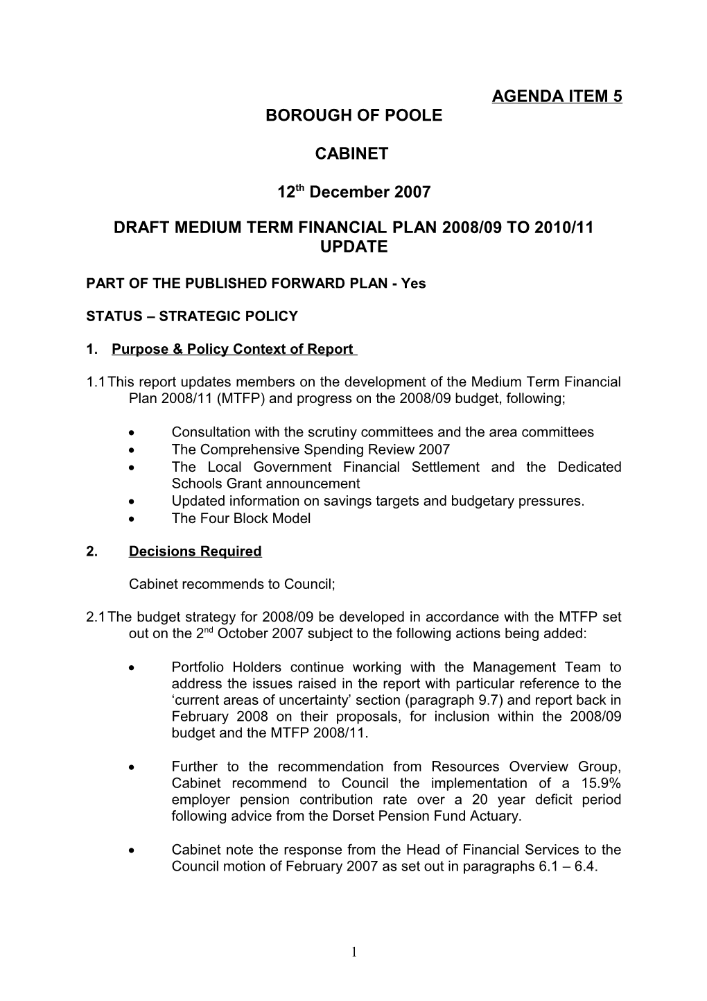 Draft Medium Term Financial Plan 2007 to 2010