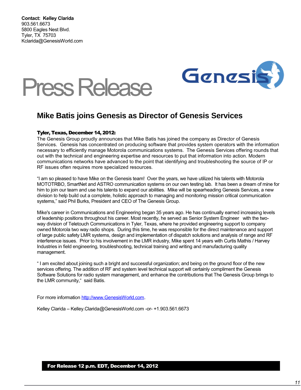 Mike Batis Joins Genesis As Director of Genesis Services