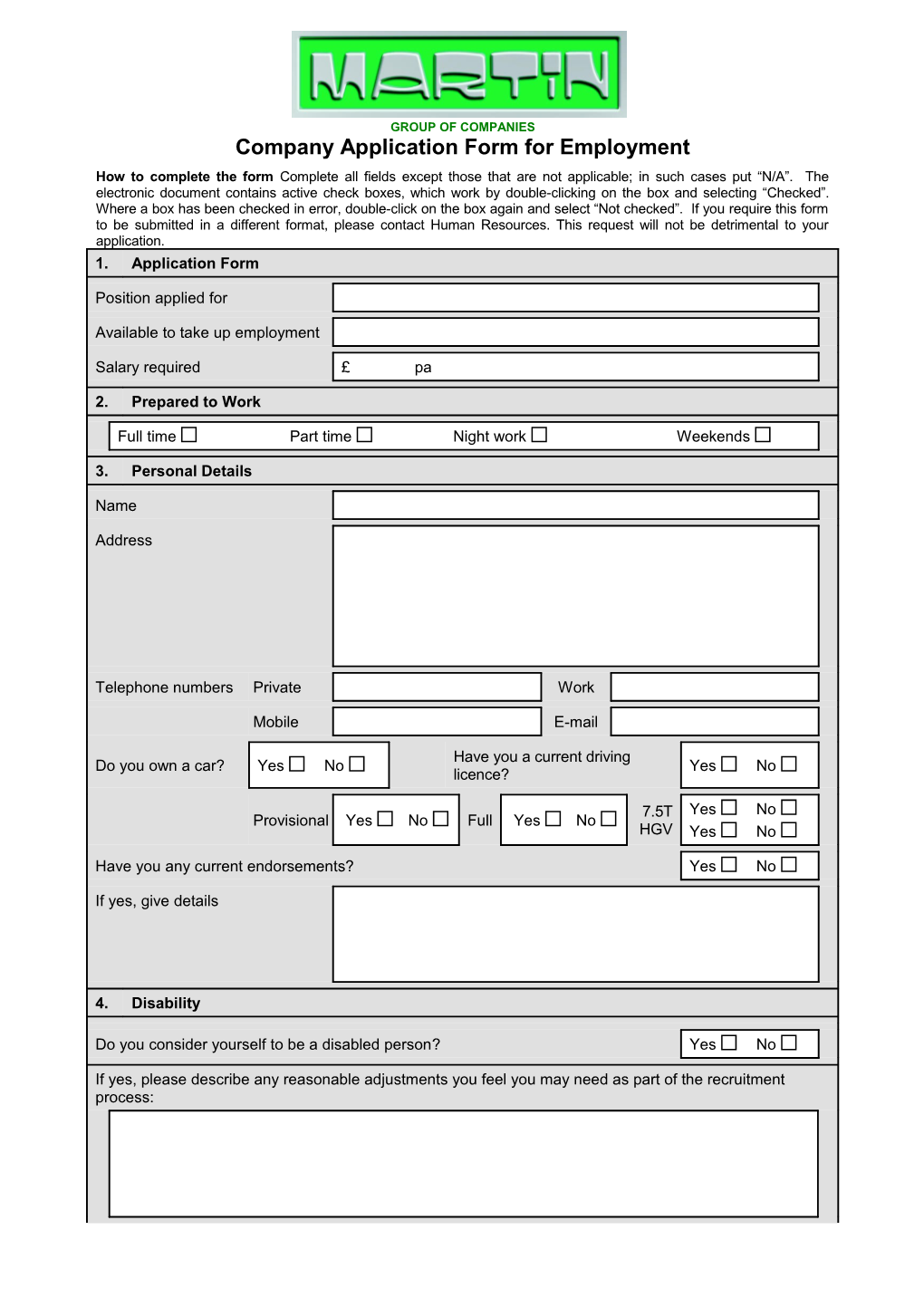 Company Application Form for Employment