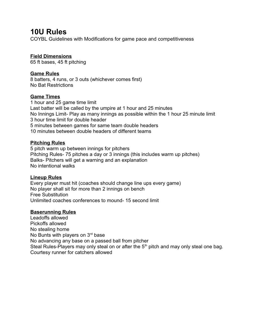 COYBL Guidelines with Modifications for Game Pace and Competitiveness