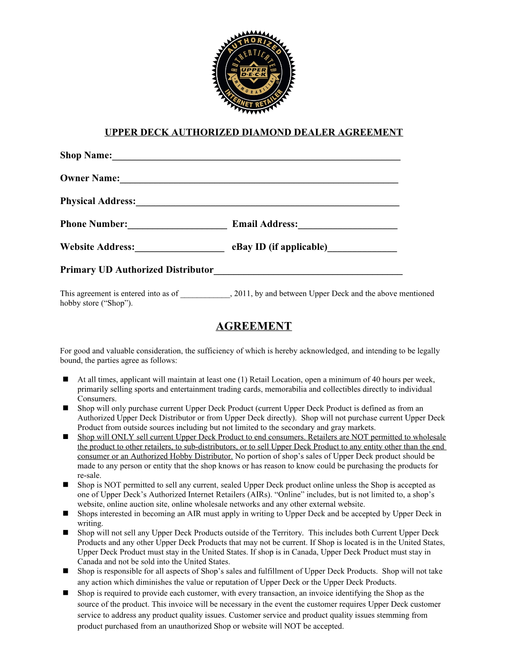 Upper Deck Authorized Diamond Dealer Agreement