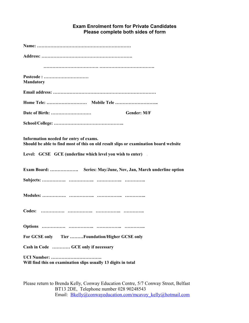 Exam Enrolment Form for Private Candidates