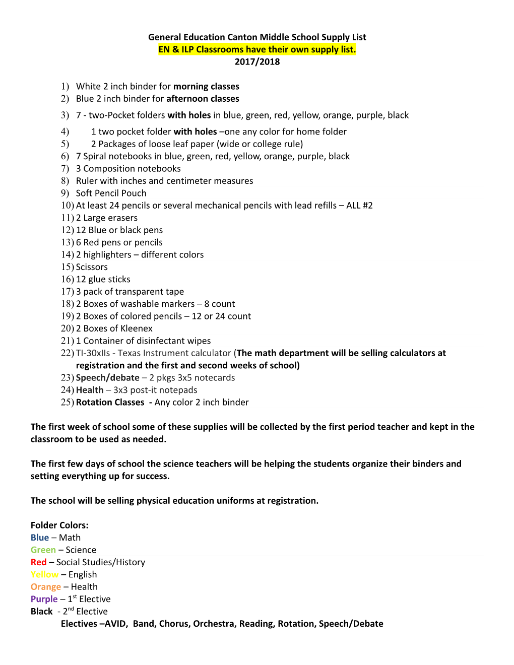 General Education Canton Middle School Supply List