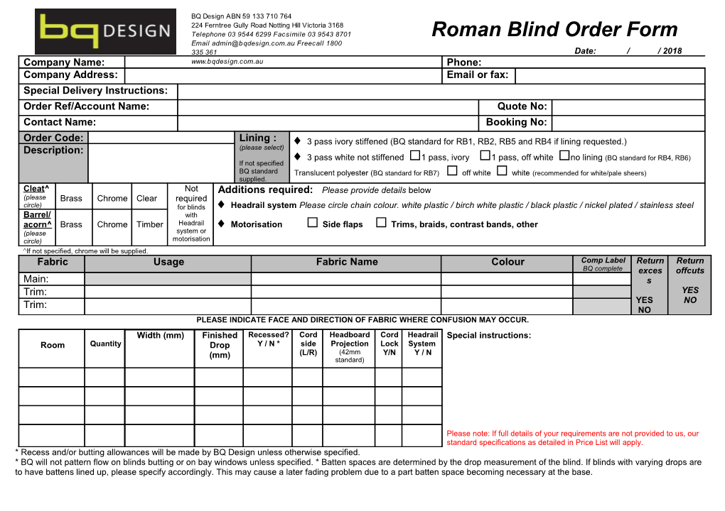 Bedspread Order Form/Worksheet