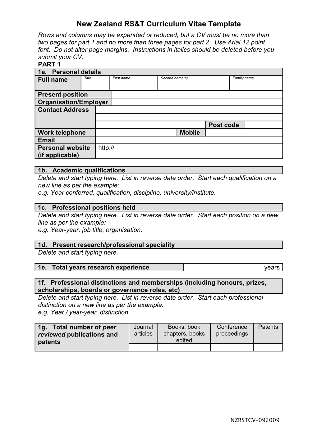 New Zealand RS&T Curriculum Vitae Template