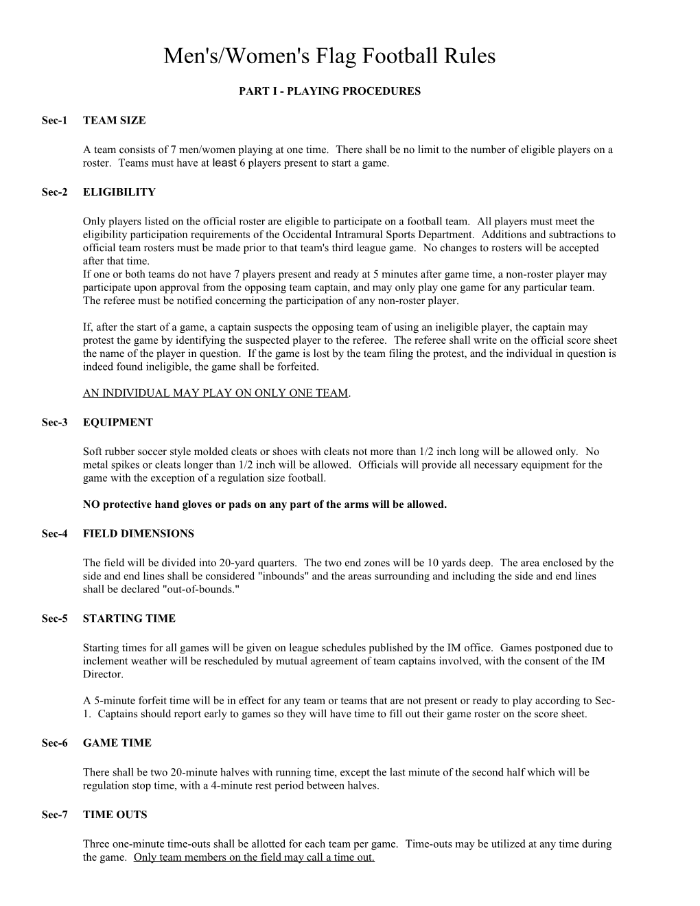 Men's/Women's Flag Football Rules