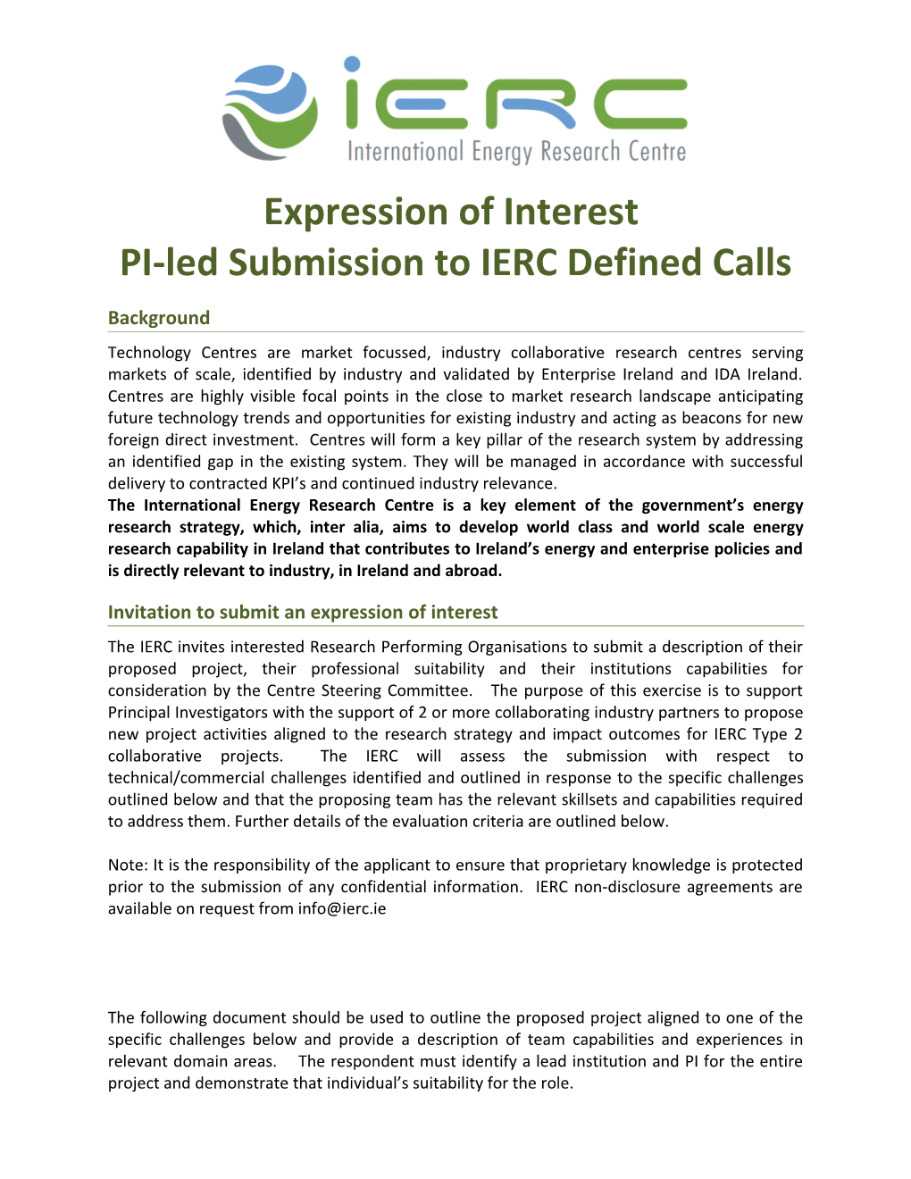 PI-Led Submission to IERC Defined Calls