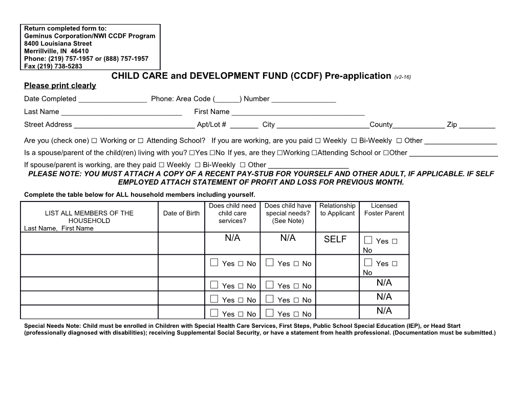 CHILD CARE and DEVELOPMENT FUND (CCDF) Pre-Application (V2-16)