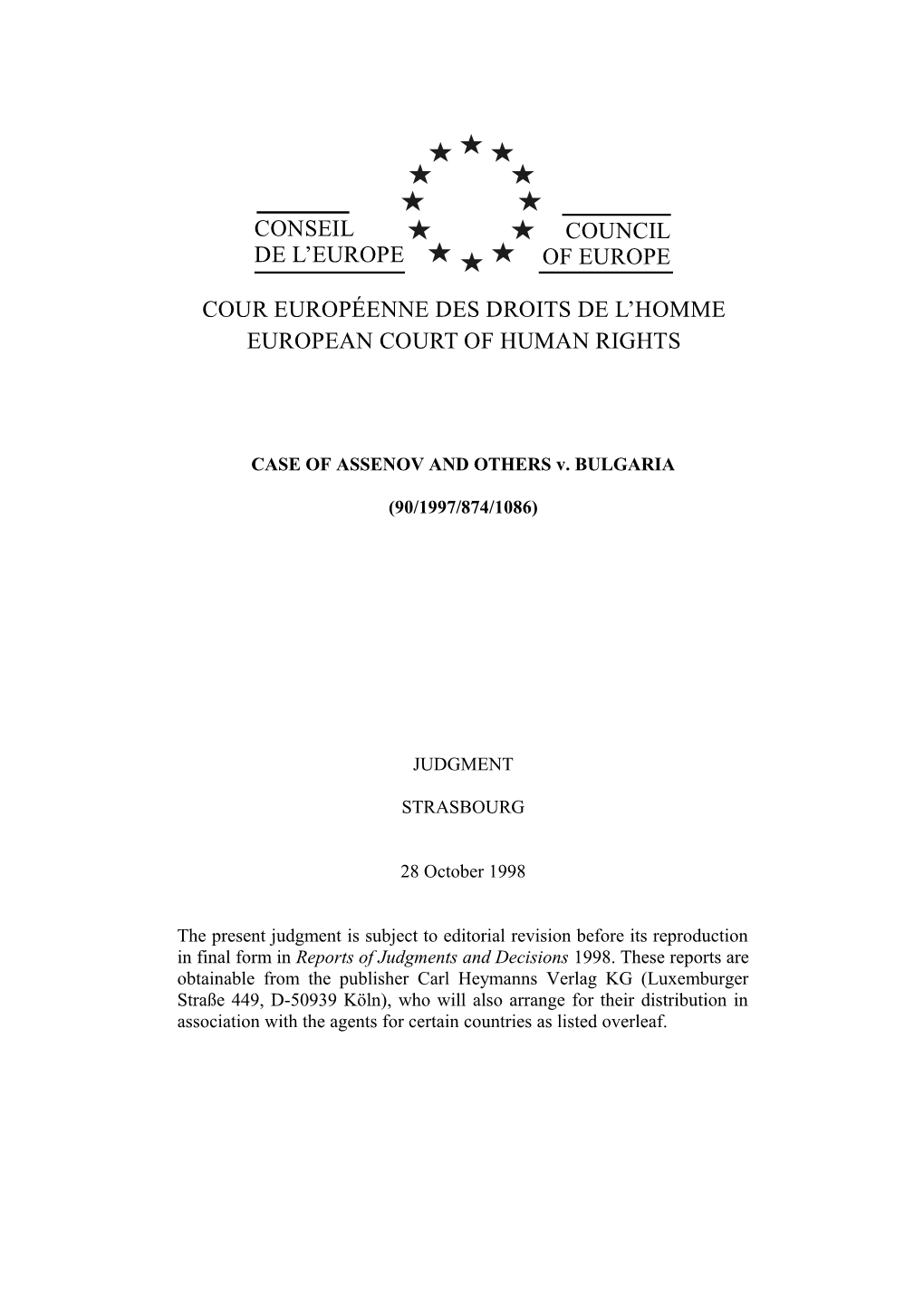 CASE of ASSENOV and OTHERS V. BULGARIA