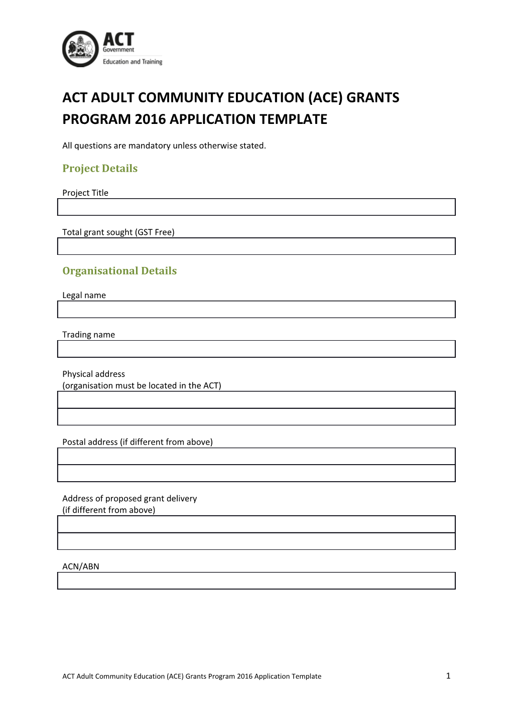 Act Adult Community Education (Ace) Grants Program 2016 Application Template