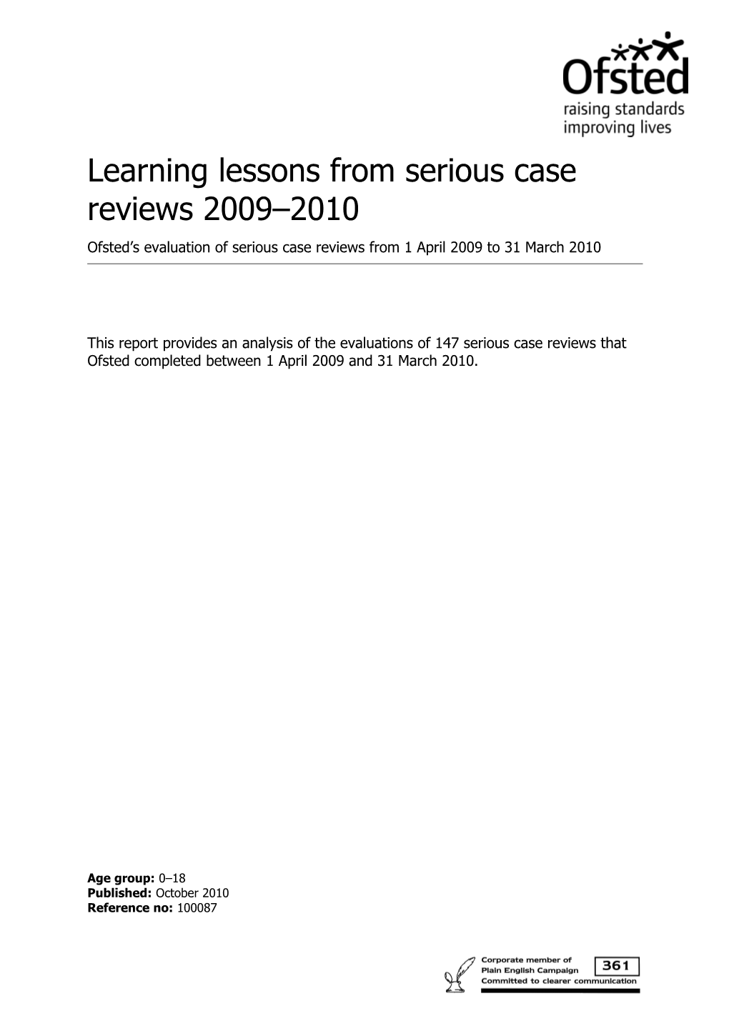 Learning Lessons from Serious Case Reviews 2009 2010