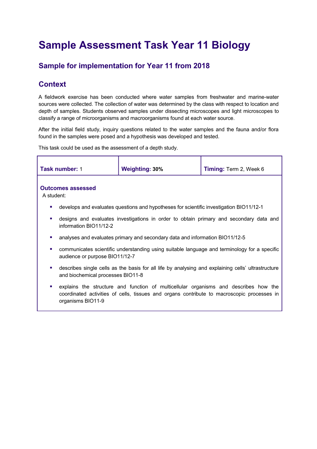 Sample Assessment Task Yr 11 Biology