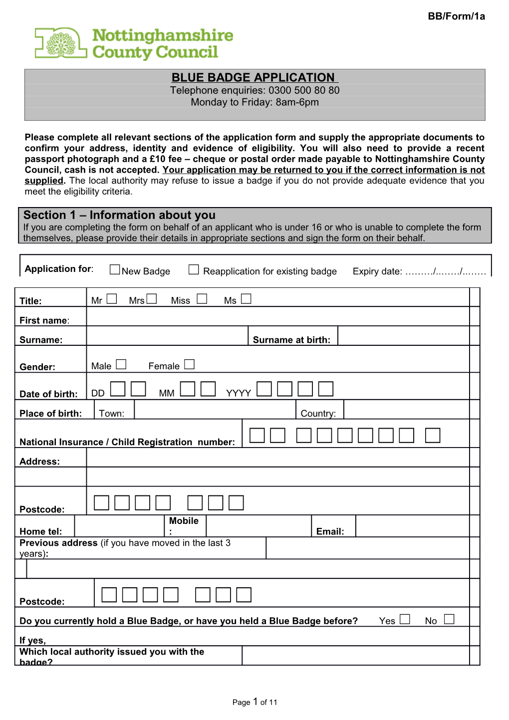 Blue Badge Application Form Standard