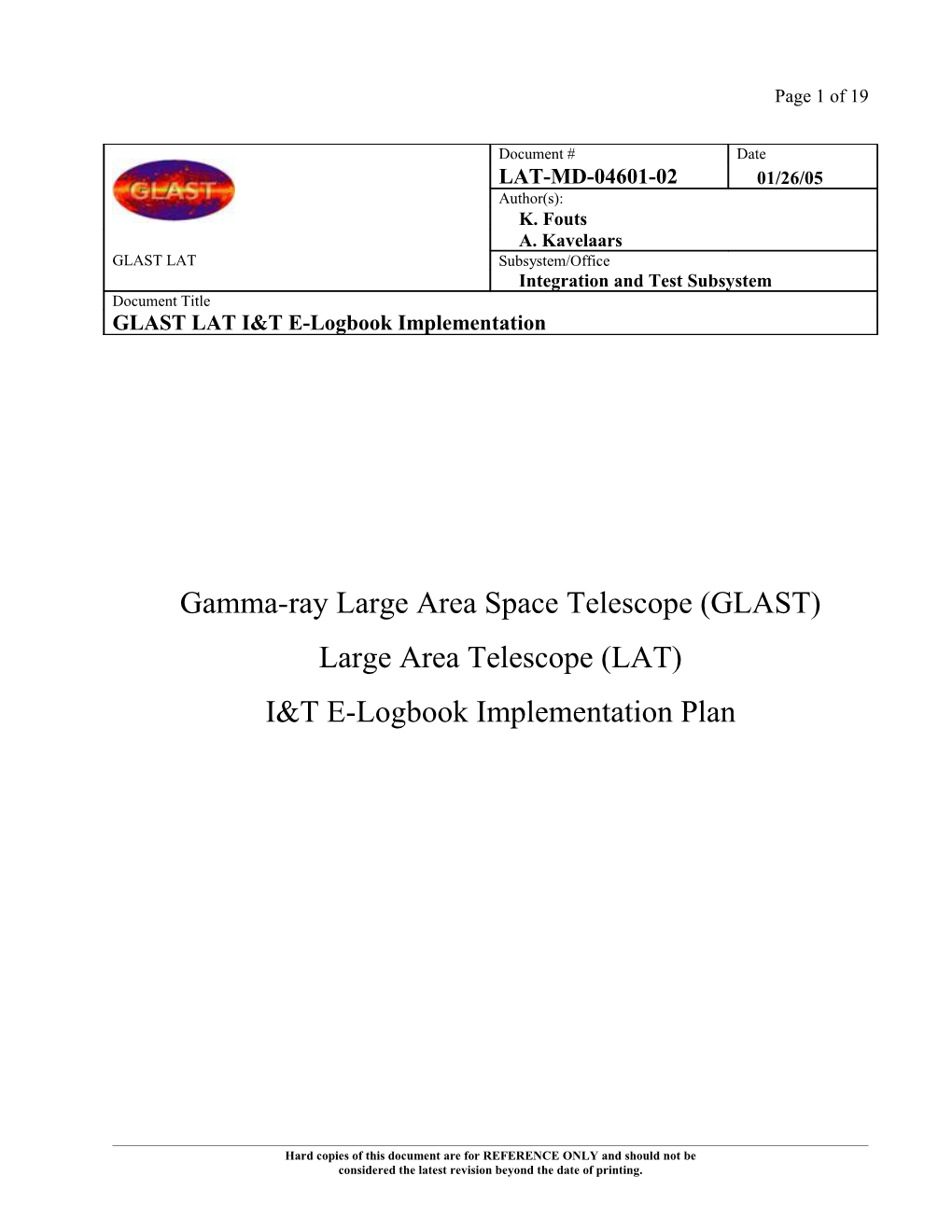 GLAST LAT Integration and Test Plan