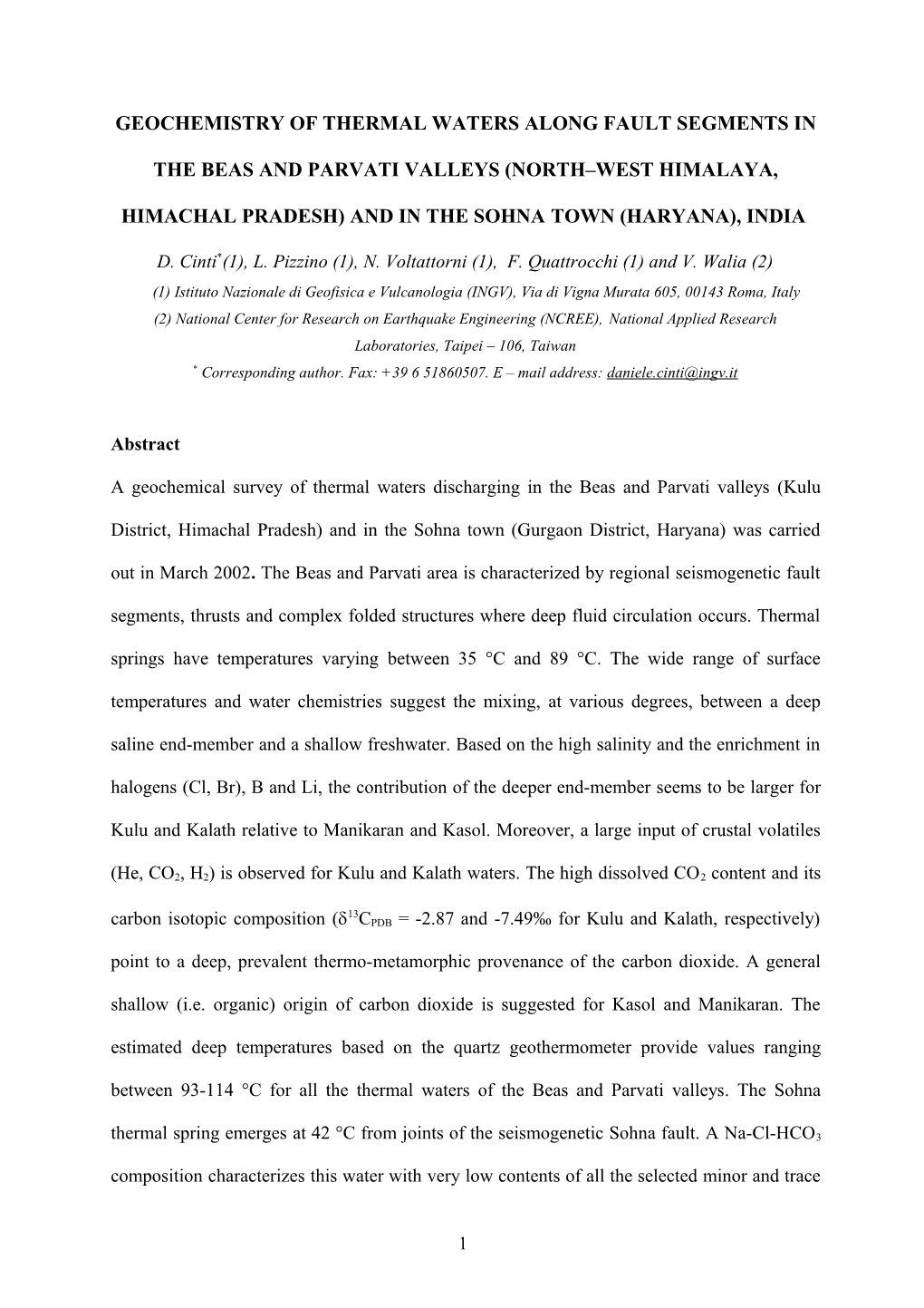 Geochemical Characterisation of Thermal Waters Along Some Fault Segments in the Beas And