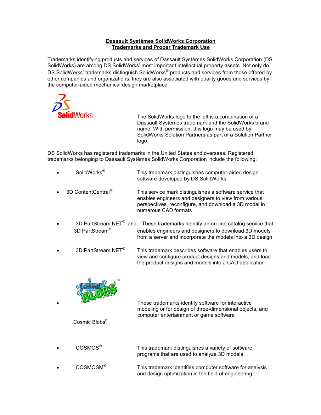 Use of Solidworks Corporation Trademarks