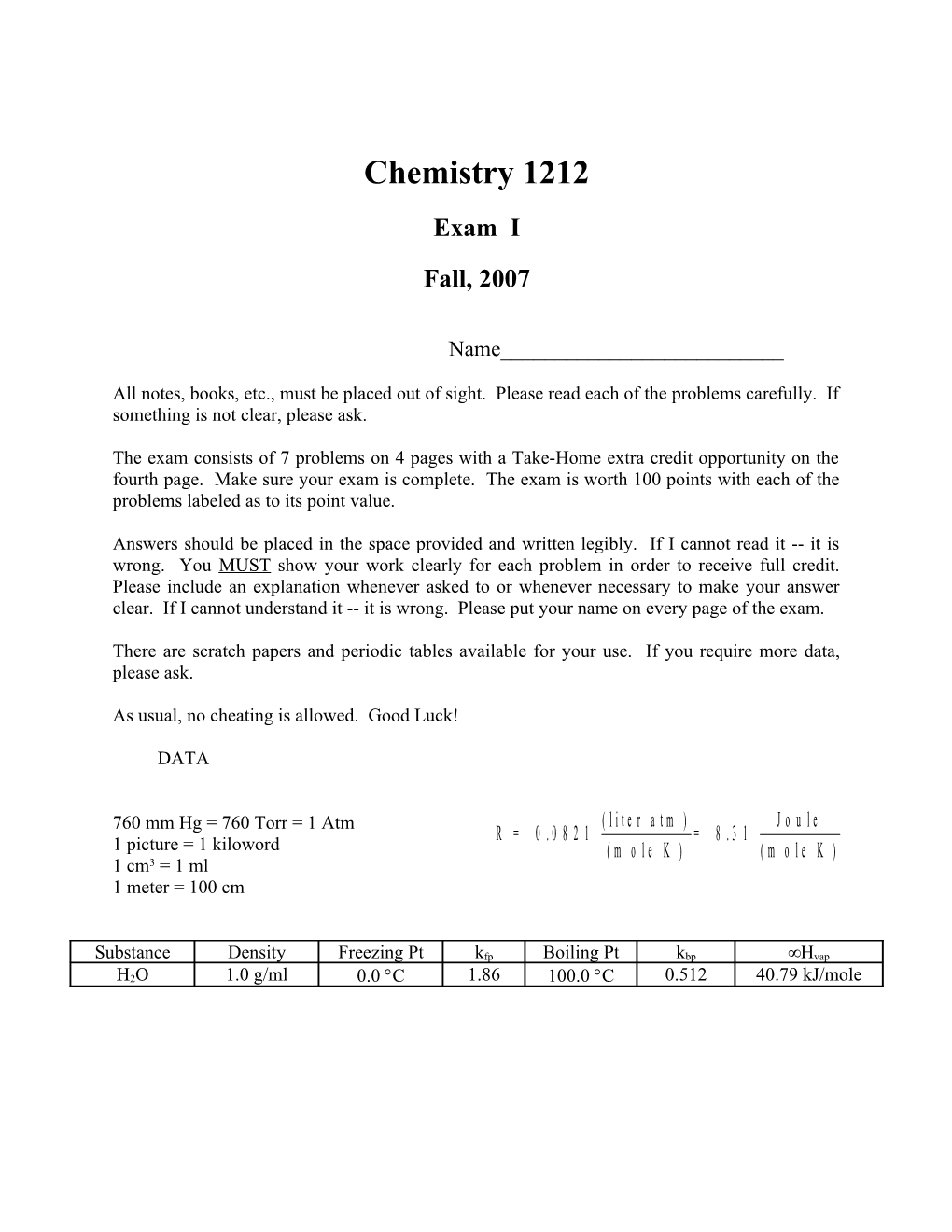 Chemistry 1212 Exam I Page 4 Name