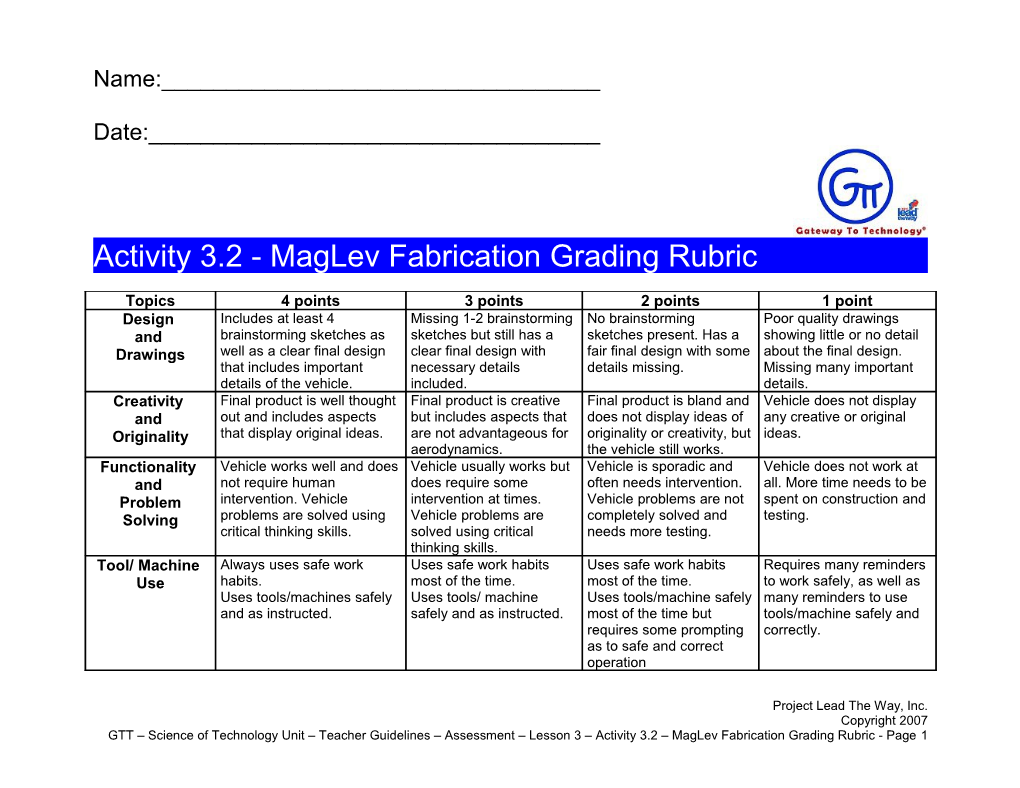 Activity 3.2 - Maglev Fabrication Grading Rubric
