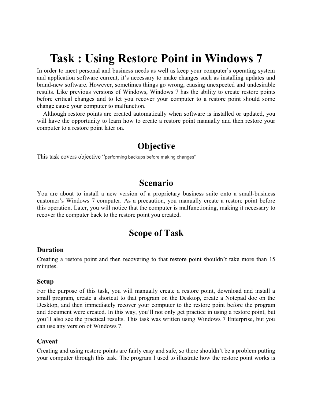Task : Using Restore Point in Windows 7