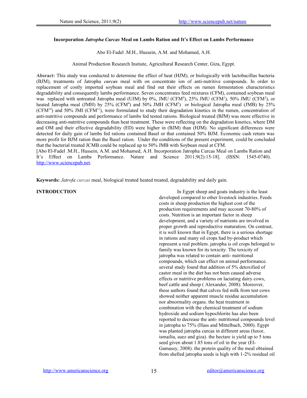 Feed Evaluation of Heat, Chemically Or Biologically Treated Jatropha Curcas Meal As Non