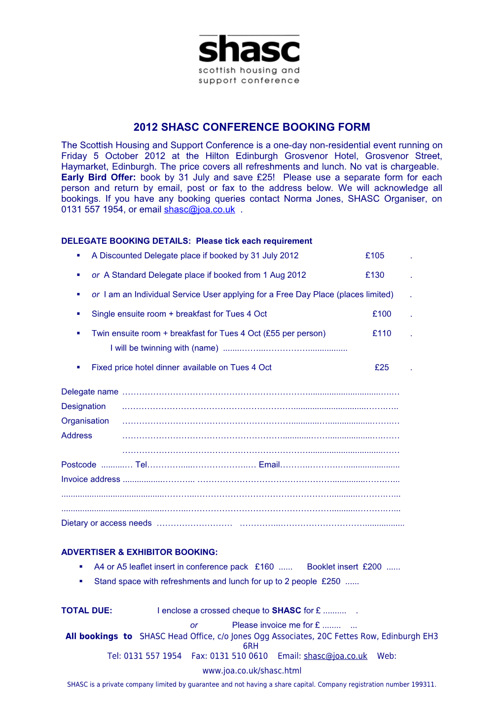 SHASC Booking Form