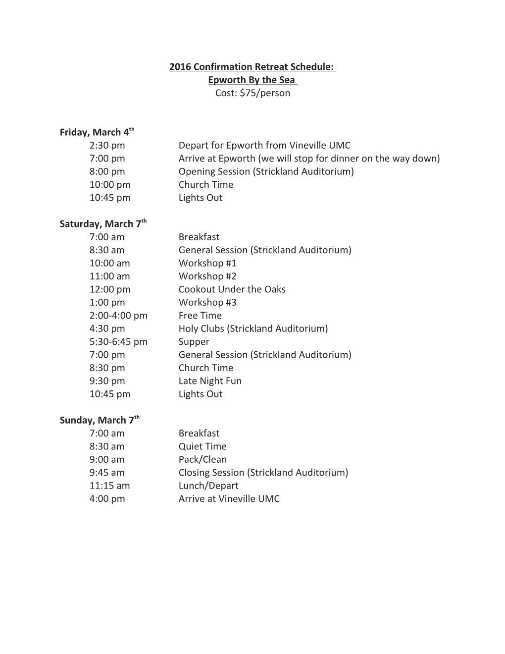 2012 Confirmation Retreat Itinerary