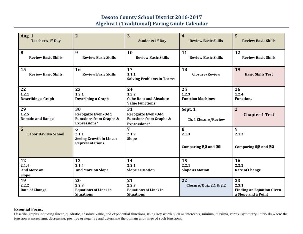 Algebra I (Traditional) Pacing Guide Calendar