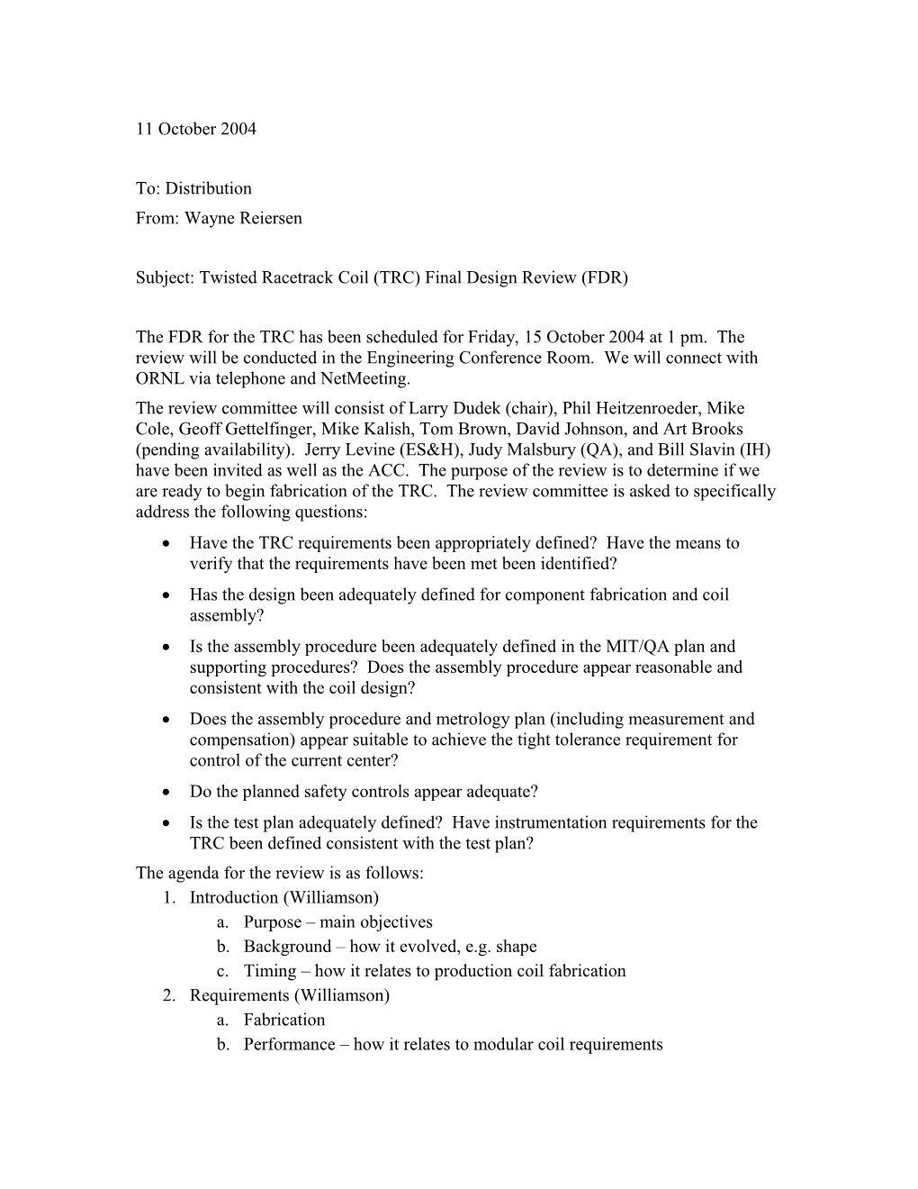 Subject: Twisted Racetrack Coil (TRC) Final Design Review (FDR)